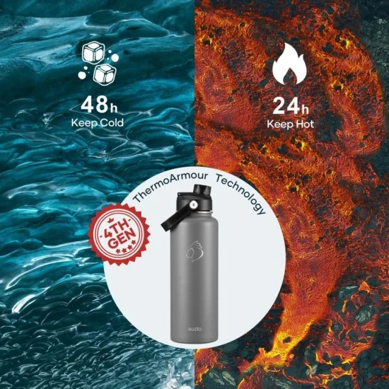 Buzio Duet Series Water Bottle with 2 Lids and Sleeve 1.2L - Grey